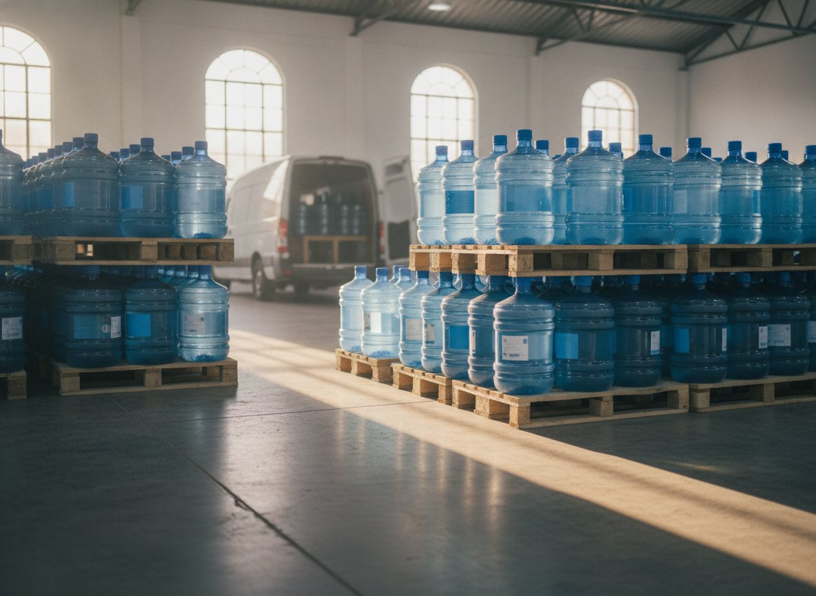 Bidones de agua apilados en el depósito, listos para el reparto